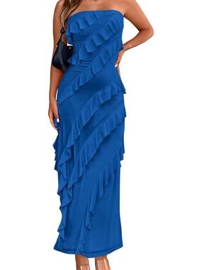 Strapless Blue Ruffle Maxi Dress
